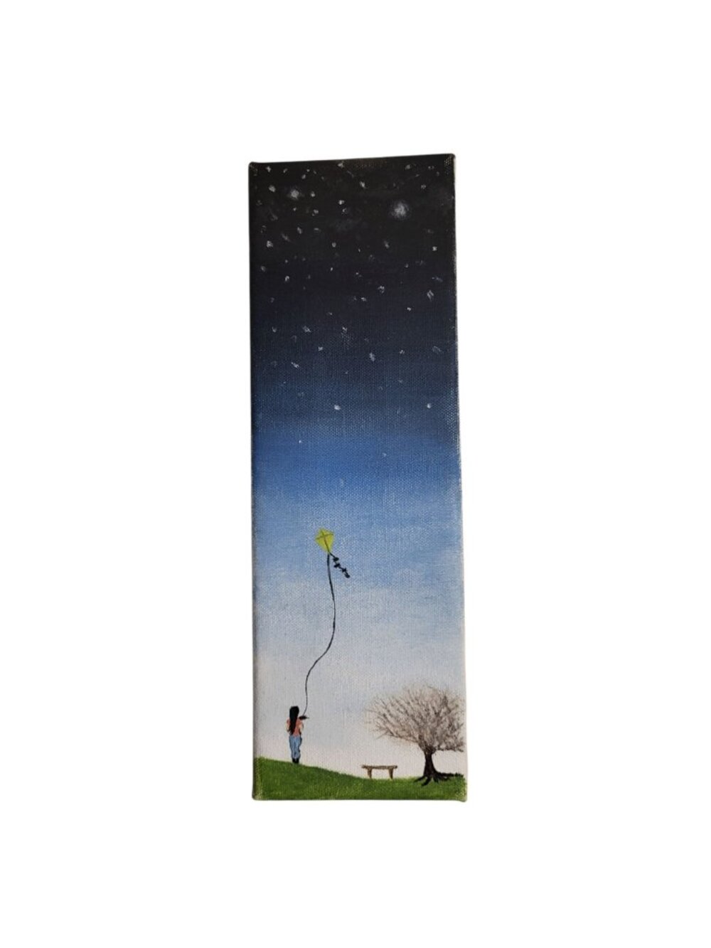 Original Painting of Kite Flying and Starry Night Sky - Acrylic on Canvas 4"x12"